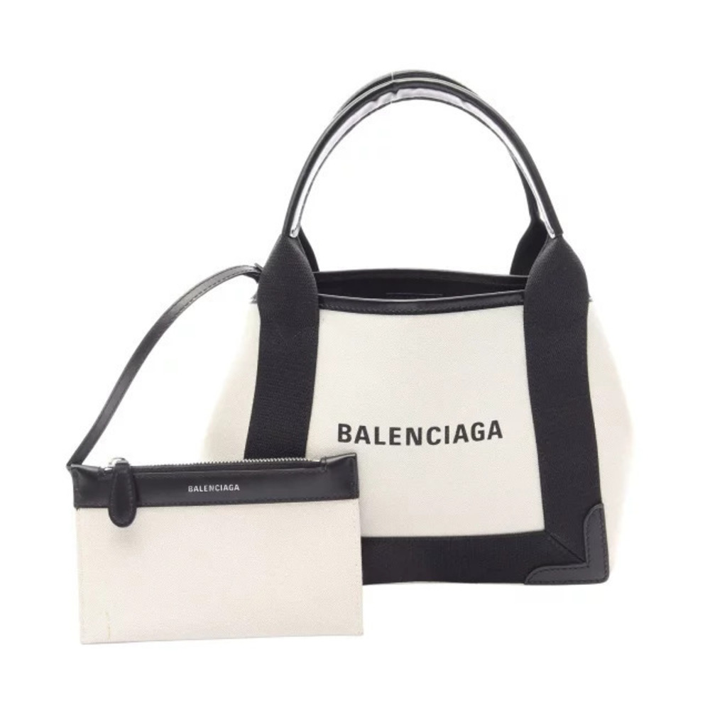 Balenciaga Navy Blue Cabas Handbag Canvas Leather Ivory White Black